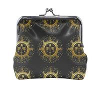 Multi 8 Hand Drawn Gold Golden Face of The Sun Stars on Black Dark Women Leather Coin Purse Hasp Card Key Change Wallet Small Buckle Handbag Case Kiss Lock Clutch Pouch Pocket for Girls Ladies