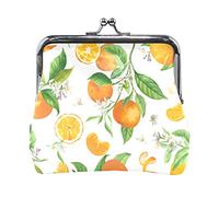 Multi 9 Orange Peaches with Peach Slices Green Leaves Pink Flowers on White Women Leather Coin Purse Hasp Card Key Change Wallet Small Buckle Handbag Case Kiss Lock Clutch Pouch Pocket for Girls Ladie