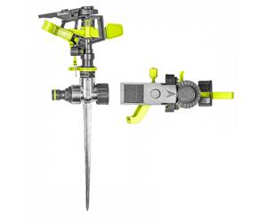 multi adjustable pulsating metal or plastic sprinkler on spike for watering lawn