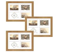 Multi Aperture Photo Frames 4x6-4 Aperture Frame Brown Wood Effect Multiple Collage Picture Frames with Mount & Glass Front, Bulk Pack of Wall Hanging Multi Photo Frames for Home Gallery Events (3)