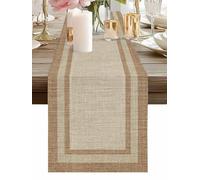 Multi Border Table Runner 13 x 48 Inch, Retro Country Khaki Brown Burlap Texture Washable Cotton Linen Dining Table Runner Tabletop Decorations for Restaurant Home Kitchen Party