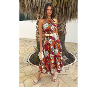 Multi Butterfly Print Halterneck Straw Belt Tiered Midi Dress AX Paris Multi 14