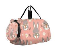 Multi Cartoon Grey Rabbit Carrot White Daisy Flowers Gym Duffel Bag with Shoes Compartment Multifunctional Carry On Overnight Bag for Beach Swim Bags Pool Sports