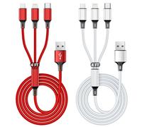 Multi Charging Cable 2 Packs, 3A 3 in 1 Fast Charging Cord,1.25M Nylon Braided Multiple USB Cable with iP Micro USB Type C Port for iPhone,Samsung,PS4, Tablet, Xiaomi and More(Red+Sliver)