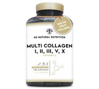 Multi Collagen 1650mg Type I, II, III, V, X. Bovine & Marine Collagen Peptides. 180 Capsules Enhanced with Vitamin C. High Strengt