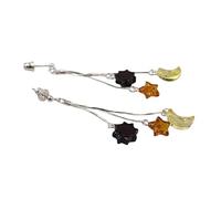 multi color Gemstone Earrrings Natural Baltic Amber Sterling Silver 925 long stud in star sun moon