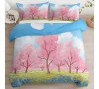 Multi colored Duvet Cover Set Small Single Size for Kids, 2 PCS Cartoon Pink Cherry Blossom Blue Sky Bedding Soft Microfiber Easy Care Quilt Cover with 1 Pillow cases - Bed Sets 120 x 150 cm