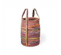 Multi Colour Chindi Laundry Basket, Braided Jute and Cotton, Boho Style, with Handles