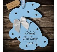 Multi-Colour Personalised Baby's 1st First Easter Bunny Rabbit Wooden Hanging Gift Plaque (Blue #2)