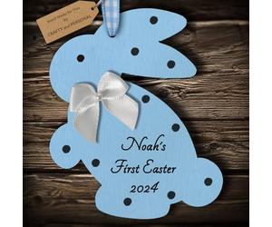 Multi-Colour Personalised Baby's 1st First Easter Bunny Rabbit Wooden Hanging Gift Plaque (Blue #2)