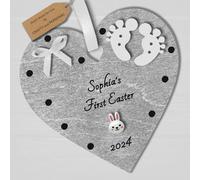 Multi-Colour Personalised Baby's 1st First Easter Heart with Bunny Wooden Hanging Gift Plaque (Silver #1)