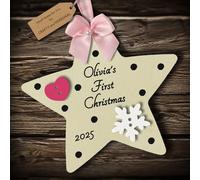 Multi-Colour Personalised Baby's First 1st Christmas Bauble Star tree decoration gift wooden hanging ornament keepsake for boy or girl (Ivory #2)