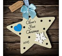 Multi-Colour Personalised Baby's First 1st Christmas Bauble Star tree decoration gift wooden hanging ornament keepsake for boy or girl (Ivory #3)