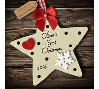 Multi-Colour Personalised Baby's First 1st Christmas Bauble Star tree decoration gift wooden hanging ornament keepsake for boy or girl (Ivory #1)