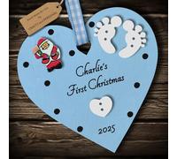 Multi-Colour Personalised Baby's First 1st Christmas Bauble tree decoration wooden heart hanging ornament keepsake gift for boy or girl (Blue #2)