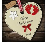 Multi-Colour Personalised Baby's First 1st Christmas Bauble tree decoration wooden heart hanging ornament keepsake gift for boy or girl (Ivory #1)