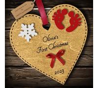 Multi-Colour Personalised Baby's First 1st Christmas Bauble tree decoration wooden heart hanging ornament keepsake gift for boy or girl (Gold #2)