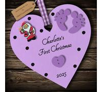 Multi-Colour Personalised Baby's First 1st Christmas Bauble tree decoration wooden heart hanging ornament keepsake gift for boy or girl (Lavender #1)