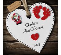 Multi-Colour Personalised Baby's First 1st Christmas Bauble tree decoration wooden heart hanging ornament keepsake gift for boy or girl (White #1)