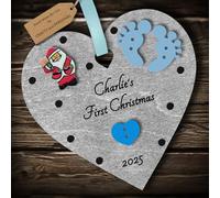 Multi-Colour Personalised Baby's First 1st Christmas Bauble tree decoration wooden heart hanging ornament keepsake gift for boy or girl (Silver #3)