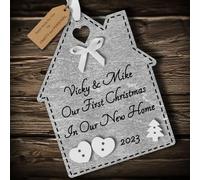 Multi-Colour Personalised First 1st Christmas in Your/Our New Home Bauble tree decoration wooden house hanging ornament keepsake gift for couple or family (Silver #1)
