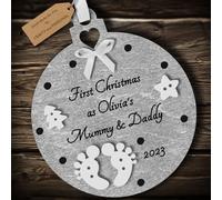 Multi-Colour Personalised First Christmas as Mummy and Daddy Bauble tree decoration wooden hanging ornament keepsake gift for parents babys 1st Christmas (Silver #1)