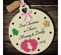 Multi-Colour Personalised First Christmas as Mummy and Daddy Bauble tree decoration wooden hanging ornament keepsake gift for parents babys 1st Christmas (Ivory #2)