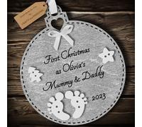 Multi-Colour Personalised First Christmas as Mummy and Daddy Bauble tree decoration wooden hanging ornament keepsake gift for parents babys 1st Christmas (Silver #1)