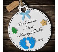 Multi-Colour Personalised First Christmas as Mummy and Daddy Bauble tree decoration wooden hanging ornament keepsake gift for parents babys 1st Christmas (White #3)