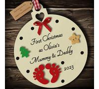 Multi-Colour Personalised First Christmas as Mummy and Daddy Bauble tree decoration wooden hanging ornament keepsake gift for parents babys 1st Christmas (Ivory #1)