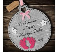 Multi-Colour Personalised First Christmas as Mummy and Daddy Bauble tree decoration wooden hanging ornament keepsake gift for parents babys 1st Christmas (Silver #2)