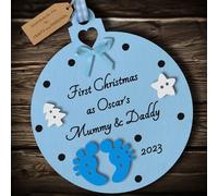 Multi-Colour Personalised First Christmas as Mummy and Daddy Bauble tree decoration wooden hanging ornament keepsake gift for parents babys 1st Christmas (Blue #1)