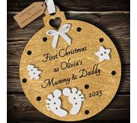 Multi-Colour Personalised First Christmas as Mummy and Daddy Bauble tree decoration wooden hanging ornament keepsake gift for parents babys 1st Christmas (Gold #1)