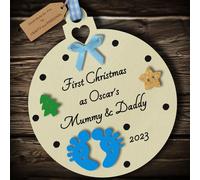 Multi-Colour Personalised First Christmas as Mummy and Daddy Bauble tree decoration wooden hanging ornament keepsake gift for parents babys 1st Christmas (Ivory #3)