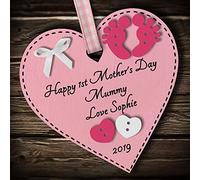 Multi-Colour Personalised Happy 1st First Mothers Day present gift for mummy grandma wooden heart hanging plaque keepsake (Pink #1)