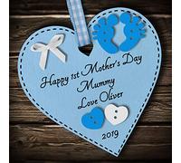 Multi-Colour Personalised Happy 1st First Mothers Day present gift for mummy grandma wooden heart hanging plaque keepsake (Blue #1)