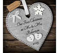 Multi-Colour Personalised Our First Christmas as Mr and Mrs Bauble tree decoration wooden heart hanging ornament keepsake for married couple, husband and wife (Silver #1)
