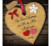 Multi-Colour Personalised Our First Christmas as Mr and Mrs Bauble tree decoration wooden heart hanging ornament keepsake for married couple, husband and wife (Gold #2)
