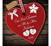 Multi-Colour Personalised Our First Christmas as Mr and Mrs Bauble tree decoration wooden heart hanging ornament keepsake for married couple, husband and wife (Deep Red #1)