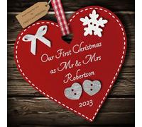 Multi-Colour Personalised Our First Christmas as Mr and Mrs Bauble tree decoration wooden heart hanging ornament keepsake for married couple, husband and wife (Deep Red #2)