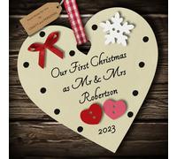 Multi-Colour Personalised Our First Christmas as Mr and Mrs Bauble tree decoration wooden heart hanging ornament keepsake for married couple, husband and wife (Ivory #1)