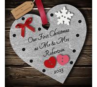 Multi-Colour Personalised Our First Christmas as Mr and Mrs Bauble tree decoration wooden heart hanging ornament keepsake for married couple, husband and wife (Silver #2)