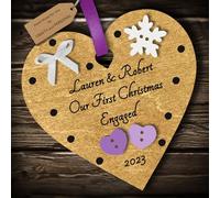 Multi-Colour Personalised Our First Christmas Engaged Christmas Bauble tree decoration wooden heart hanging ornament keepsake for couple, future husband and wife (Gold #3)