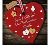 Multi-Colour Personalised Our First Christmas Together Bauble tree decoration wooden heart hanging ornament keepsake for couple (Deep Red #2)