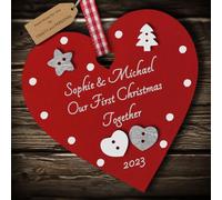 Multi-Colour Personalised Our First Christmas Together Bauble tree decoration wooden heart hanging ornament keepsake for couple (Deep Red #2)