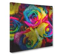 Multi coloured Rainbow Roses Canvas Print | Gallery Wrapped 30mm Frame Wall Art | 14x14 inches | Ready to Hang | Abstract Floral Picture | Living Room Bedroom Lounge Office