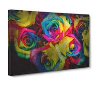 Multi-coloured Rainbow Roses Canvas Print | Gallery Wrapped 30mm Frame Wall Art | 30x20 inches | Ready to Hang | Contemporary Floral Picture | Living Room Bedroom Lounge Office