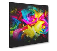 Multi coloured Rainbow Roses Paint Splash Canvas Print | Gallery Wrapped 30mm Frame Wall Art | 14x14 inches | Ready to Hang | Modern Floral Picture | Living Room Bedroom Lounge Office