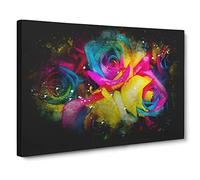 Multi Coloured Rainbow Roses Paint Splash Canvas Print | Gallery Wrapped 30mm Frame Wall Art | 20x14 inches | Ready to Hang | Modern Floral Picture | Living Room Bedroom Lounge Office