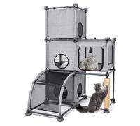 Multi-Feature Cat House,Large Space 3-Tier Cat Cage with Scratching Post,Cat Ladder,Indoor/Outdoor Cat Condo